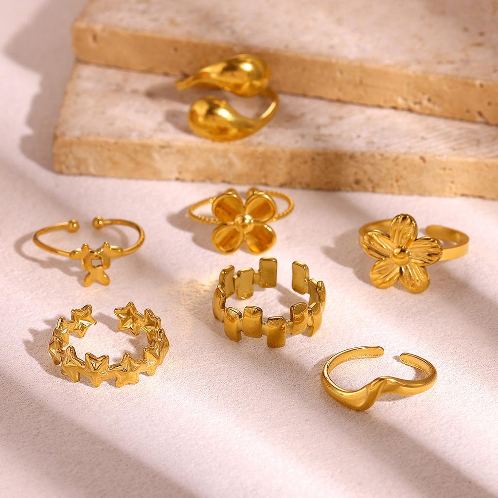 Gold Color Flower Rings For Women Aesthetic Geometry Stainless Steel Star Anillos Party Wedding Jewelry Elegant Gift Christmas