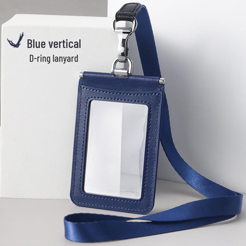 Double-Sided Transparent Genuine Leather ID Holder with Lanyard for Employee Name Badge Blue Vertical with Directed Nylon