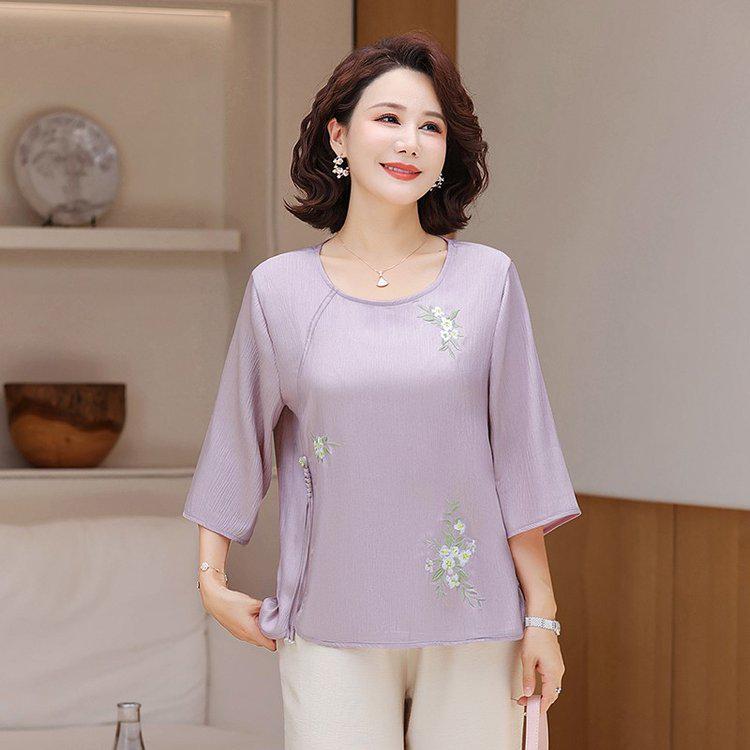 Elegant Embroidered T-Shirt for Middle-Aged & Elderly Women - Summer Seven-Sleeve, Comfortable & Loose Fit