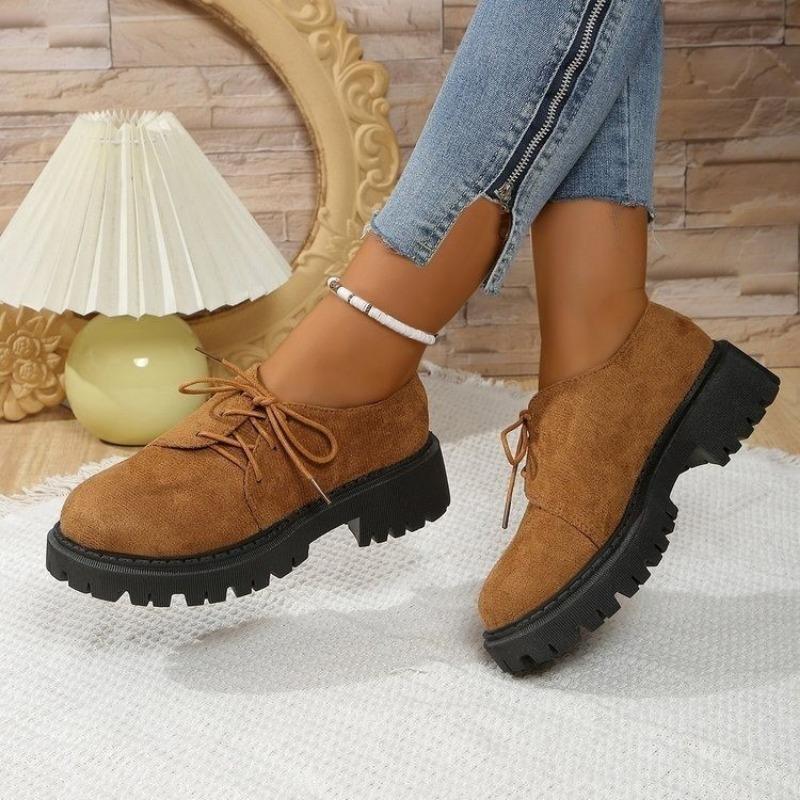 

Fashion Women s Thick Heel Shoes Spring New Round Head Splicing Suede Front Strap Thick Sole Anti-slip Wear-resistant Loafers 36 темно-коричневого