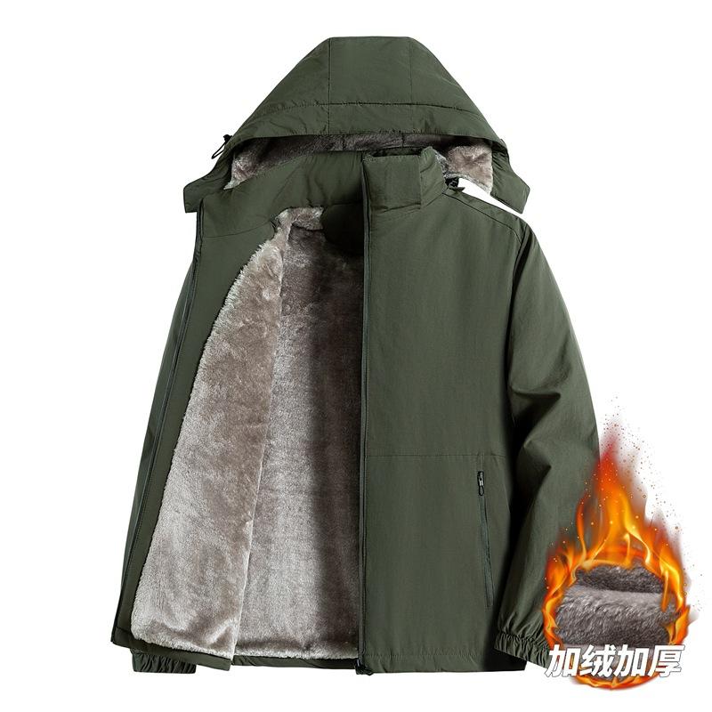 2025 Fleece Thickened Plus Size Jacket Fall and Winter Men's Middle-aged Solid Color Casual Hooded Warm Jacket Shirt Top