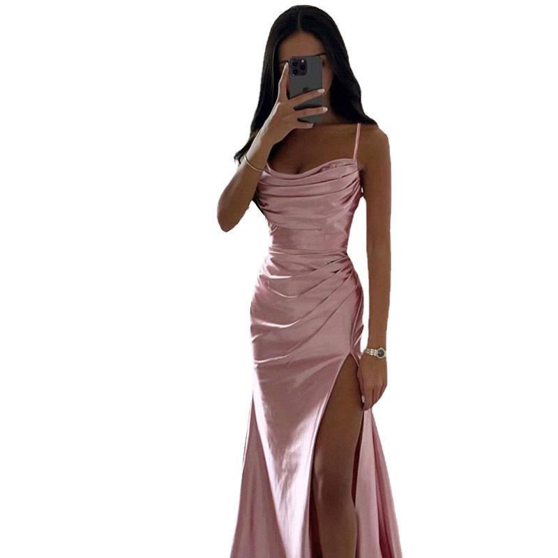 Women Satin One Shoulder Cowl Neck Maxi Dress Ruched High Slit Bodycon Slim Fit Elegant Evening Prom Party Formal Gown Multi Color