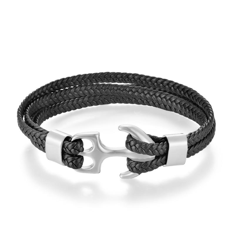 Stainless Steel Anchor Bracelet Men Woven Leather Band Adjustable Size Ins Style Geometric Punk Jewelry Steel 19cm