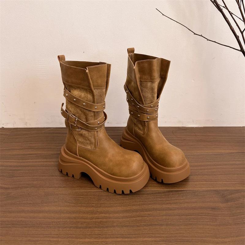 

Массивные женские рыцарские ботинки Модные с ремешком и пряжкой Обувь слипоны Осенне-зимние ботильоны до середины икры на платформе и каблуке Zapatos De Mujer 35 верблюд