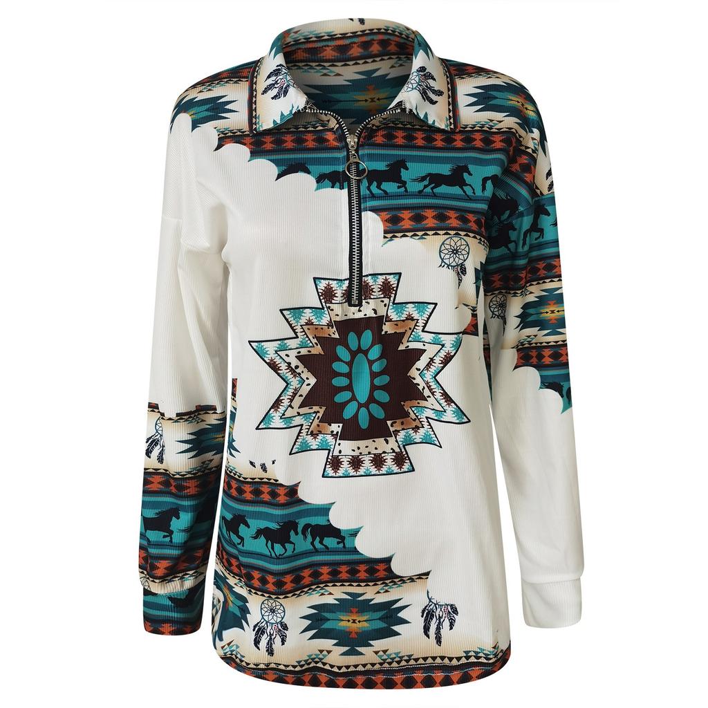 Ladies Casual Ethnic Print Fashion Large Size V-neck Zipper Long-sleeved Blouse