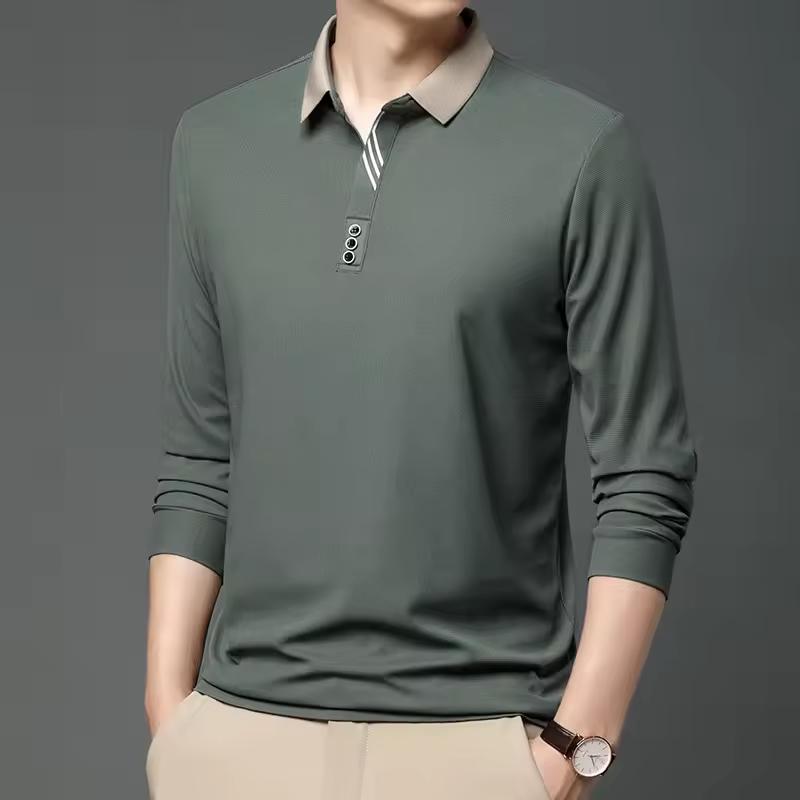 Spring Autumn Men's Business Casual Long Sleeved Shirt Solid Color Polo Shirt Breathable Comfortable Versatile Top