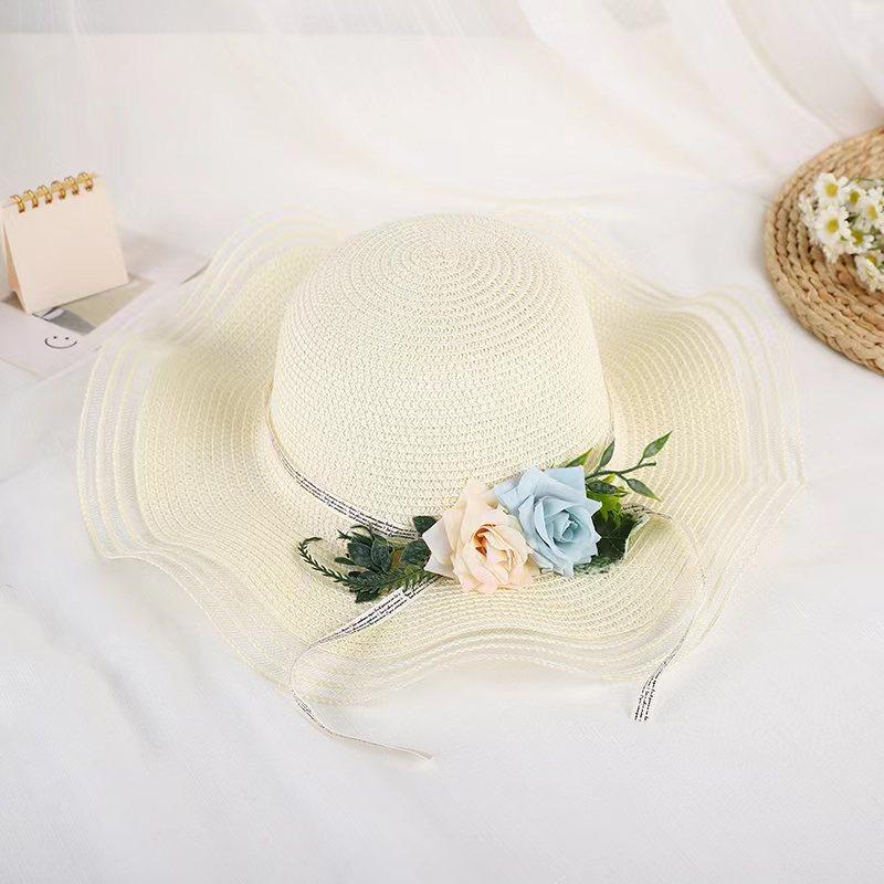 Summer sunshade and sun protection versatile big-brimmed straw hat female imitation flower travel vacation beach sun hat