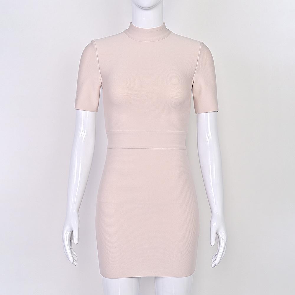 

Sleek Apricot Pink Short Sleeve Bandage Dress - Cinched Waist & Stretch Knit for a Sexy Look Small