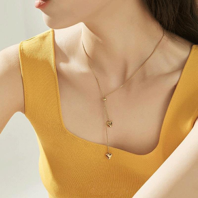 Ramos Stainless Steel Double Heart Charm Pendant Necklaces Trendy Bohemia Chain Choker Necklace  For Women Girl