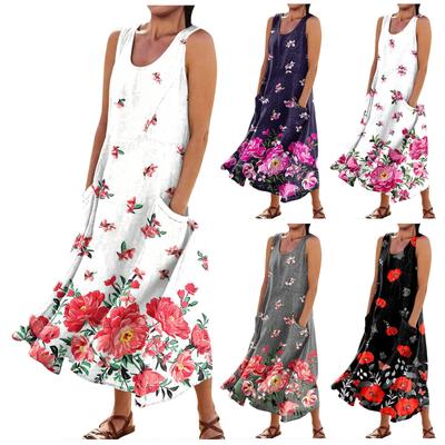 Women's Summer Casual Fashion Printed Sleeveless Round Neck Pocket Dress