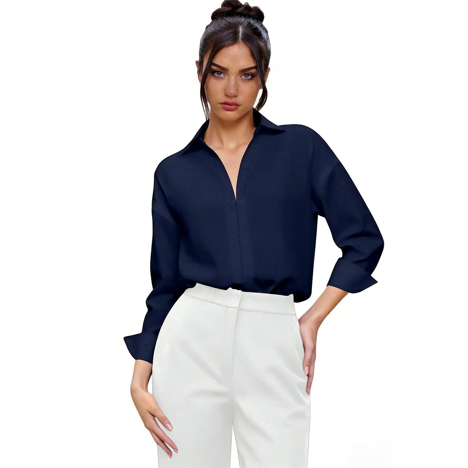 

Women s Long Sleeve V-Neck Collar Bodysuit Blouse, Business Casual Work Top L чёрный