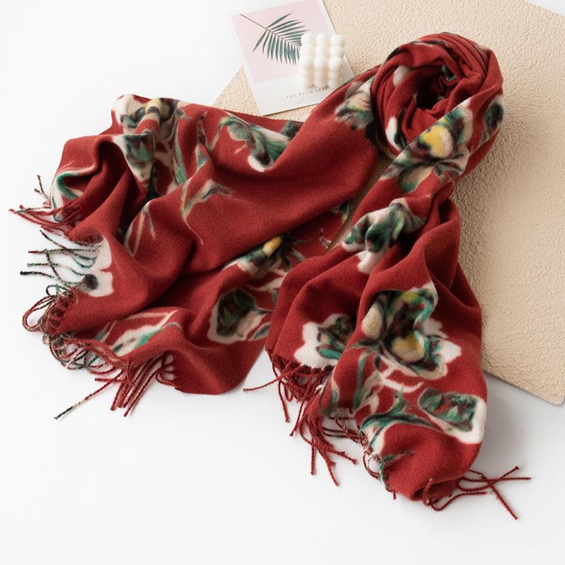 Autumn and Winter Women's Encore Red Imitation Cashmere Scarf Warm Shawl Elegant Burgundy Printed Scarf Shawl Dual Use