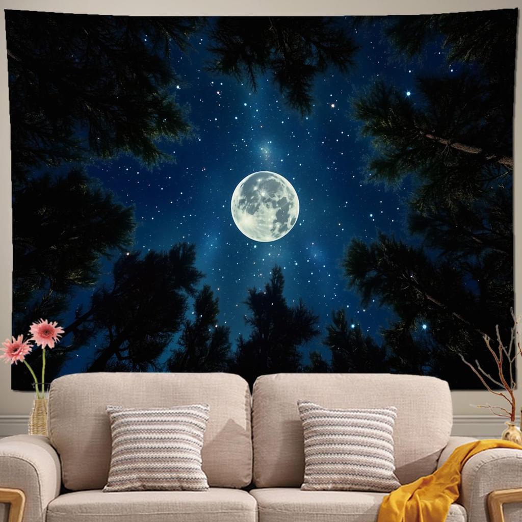 Forest Galaxy Tapestry For Bedroom Ceiling Starry Night Sky With Moon And Trees,Blue Aesthetic Wall Hanging,Milky Way Landscape