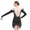Womens Long Sleeve Bodysuit Dress Rhinestones Sheer Mesh Hem Buttoned Crotch Latin Dance Wear