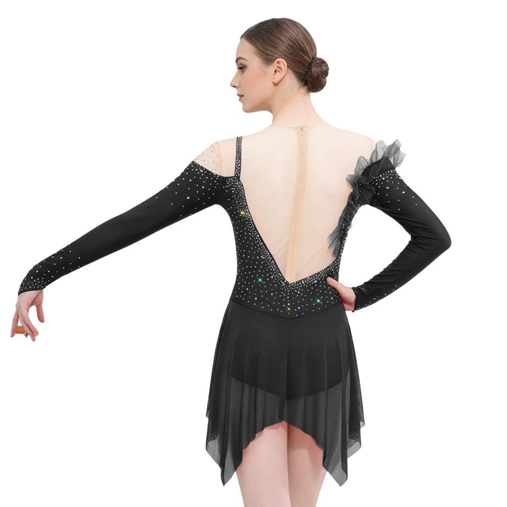Womens Long Sleeve Bodysuit Dress Rhinestones Sheer Mesh Hem Buttoned Crotch Latin Dance Wear