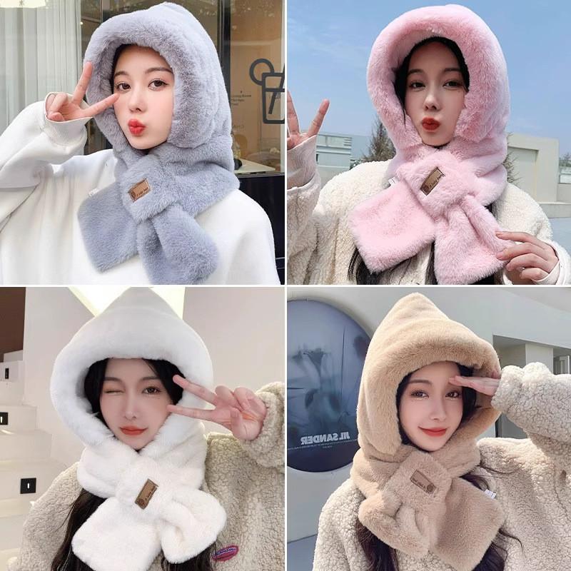 Plush Hooded Scarf For Women With Windproof Neck Cover And Soft Polyester Material