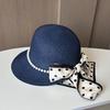 New Dome Duck Tongue Straw Hat Elegant Pearl Polka Dot Streamer Big Edge Beach Hat Seaside Travel Sun Protection Hat