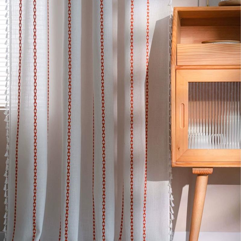 Solid Color Multi-line Finished Curtain for Bedroom Living Room Rural Embroidery Textured Window Curtain 1 Panels Tassel Drapery
