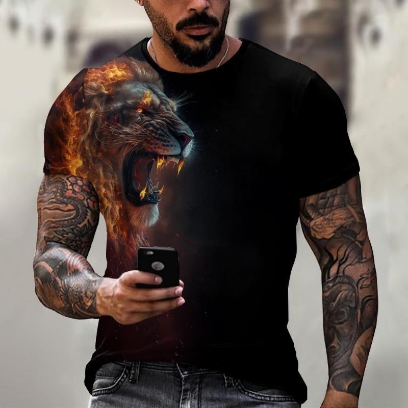 Men's T-Shirt Lion Pattern Man T Shirt Summer Short Sleeve Top Round Neck Y2k Clothes T-Shirts for Men Breathable Men Clothing