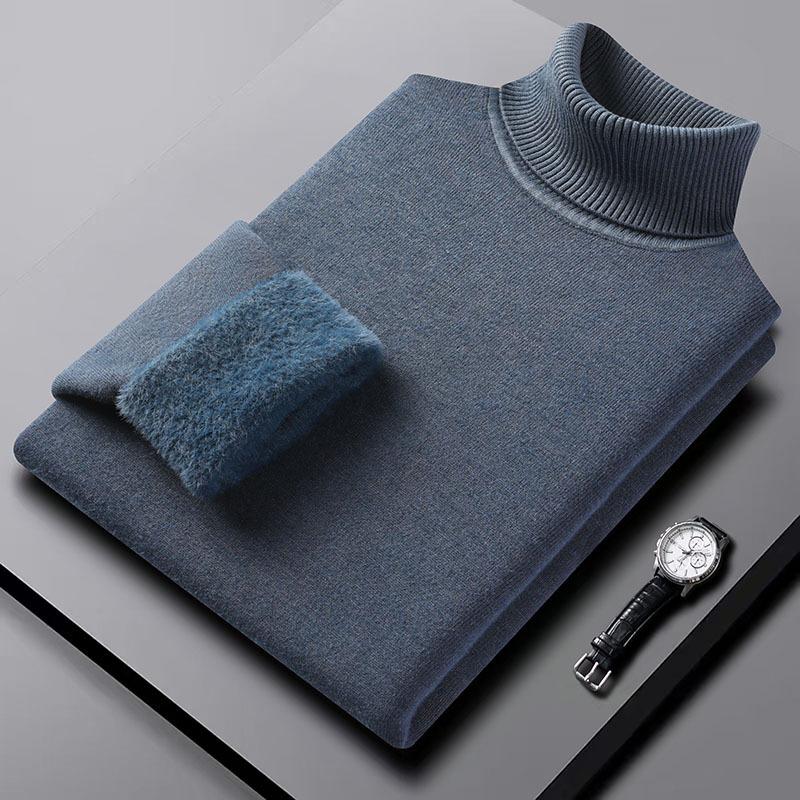 [Machine Washable] Men'S Semi-Turtleneck Sweater Integrated Fleece Winter Fleece Warm Sweater Close-Fitting Knitted Bottoming Shirt