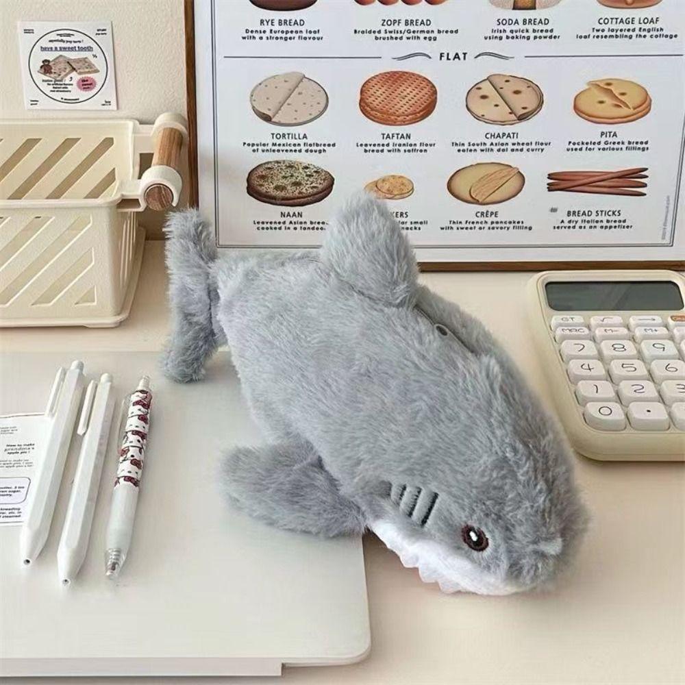 Big Shark Cartoon Pencil Bag Open Mouth Fluffy Pencil Bag Plush Pencil Bag  Stationery
