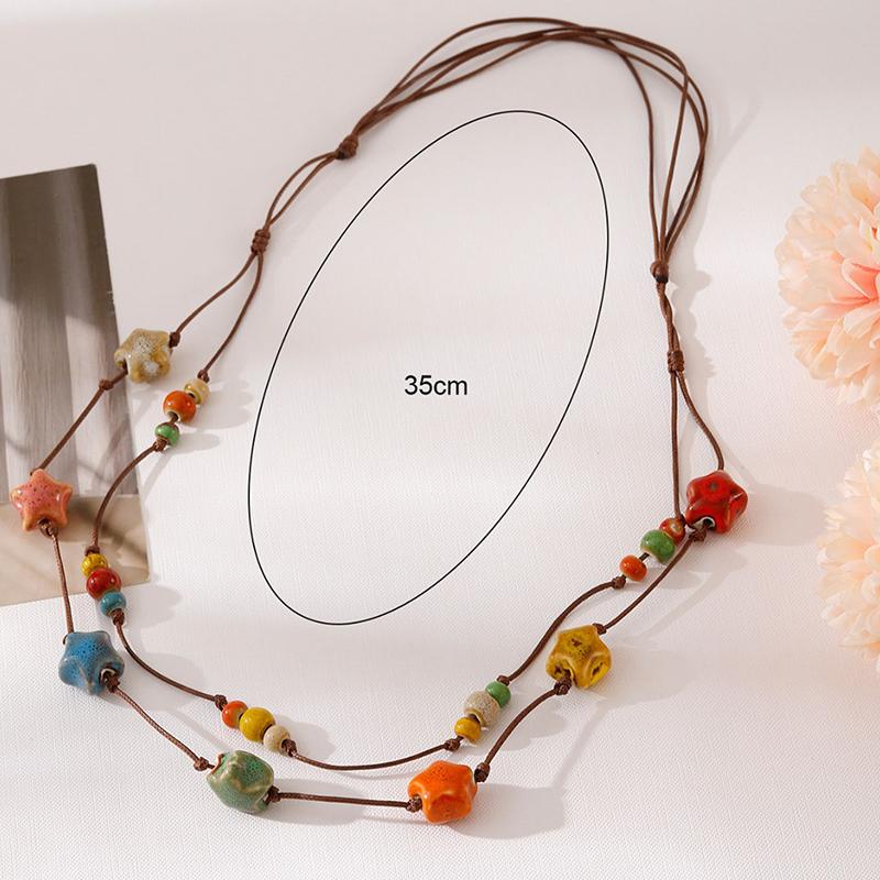 Fargerikt keramisk halskjede Boho-stil Håndlaget justerbart halskjede Enkelt vevd tau Keramisk halskjede Smykketilbehør Gaver