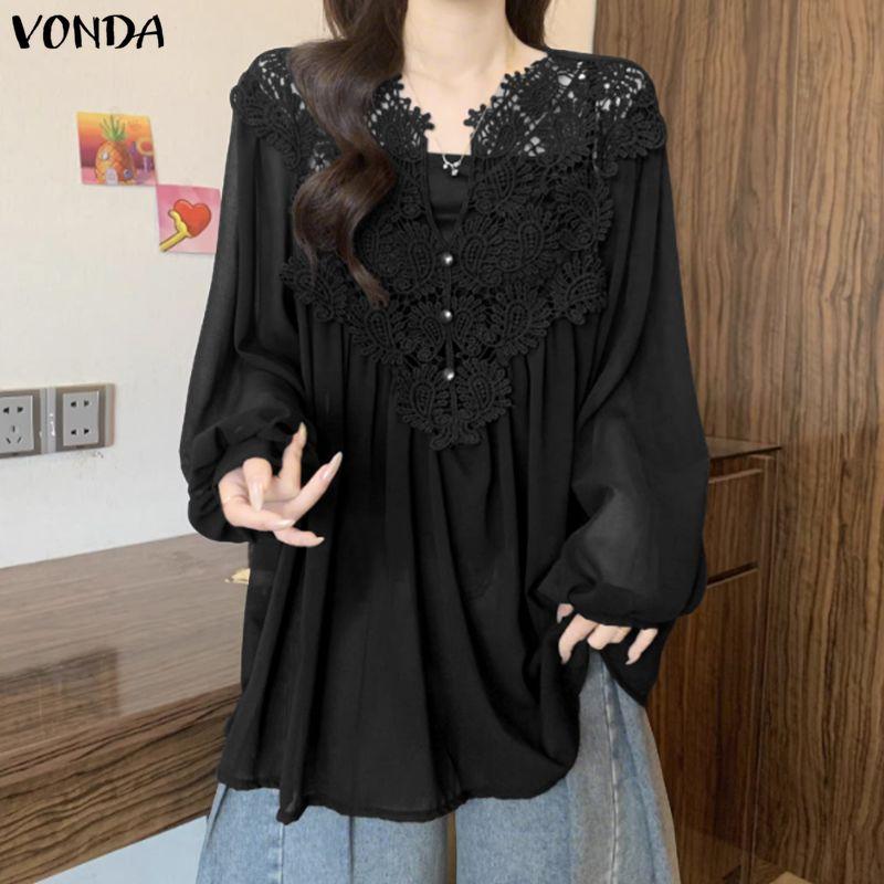 VONDA Summer Women V Neck Crochet Lace Splicing Loose Casual Long Sleeve Blouse