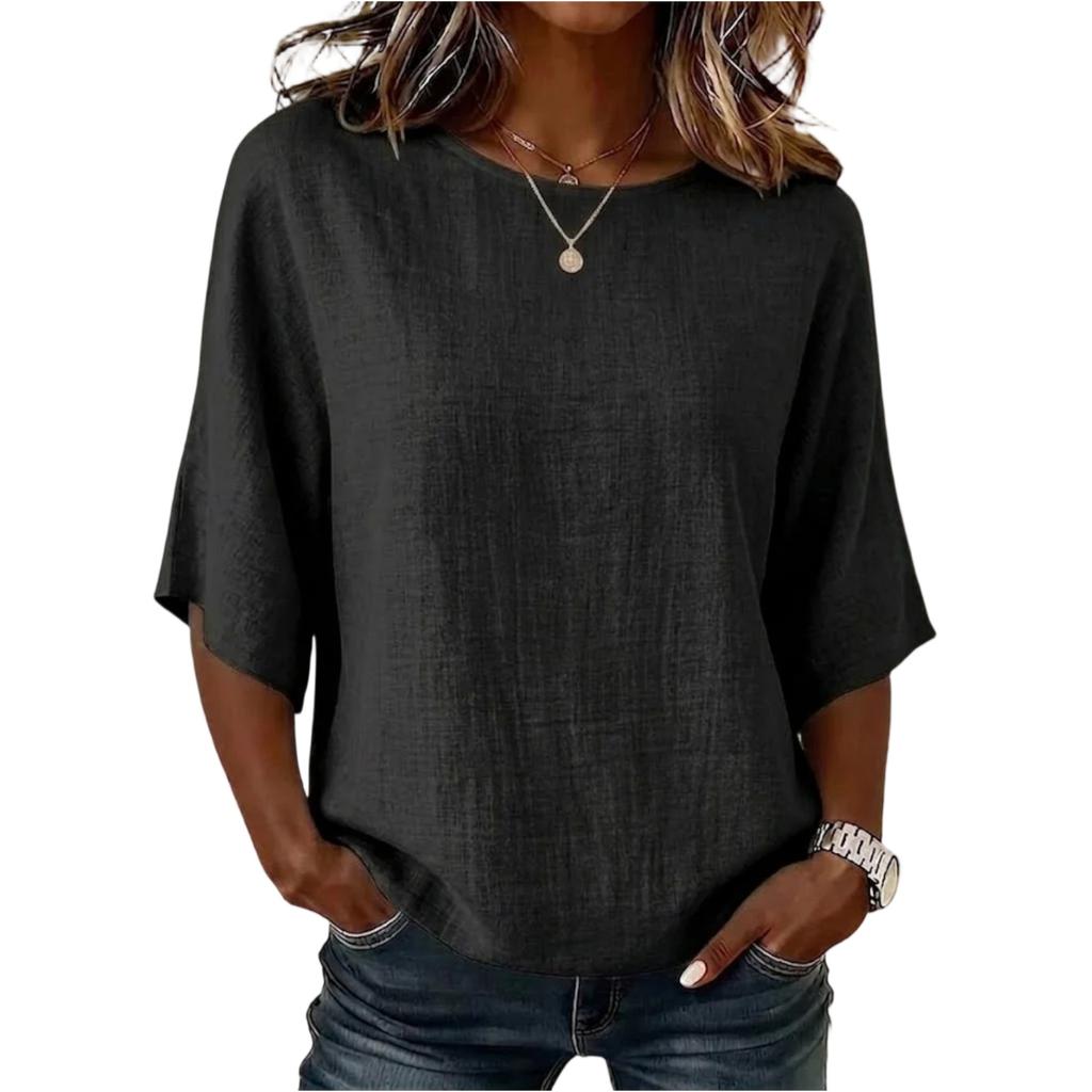 Women's Vintage Neck Short Sleeve T-Shirt Loose Fit Blouse for Everyday Wear