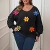 Plus Size Women's Sweater with Pineapple Sleeves and Deep V Bottoming Shirt Three-dimensional Wool Embroidery Flower Patchwork Pullover Top