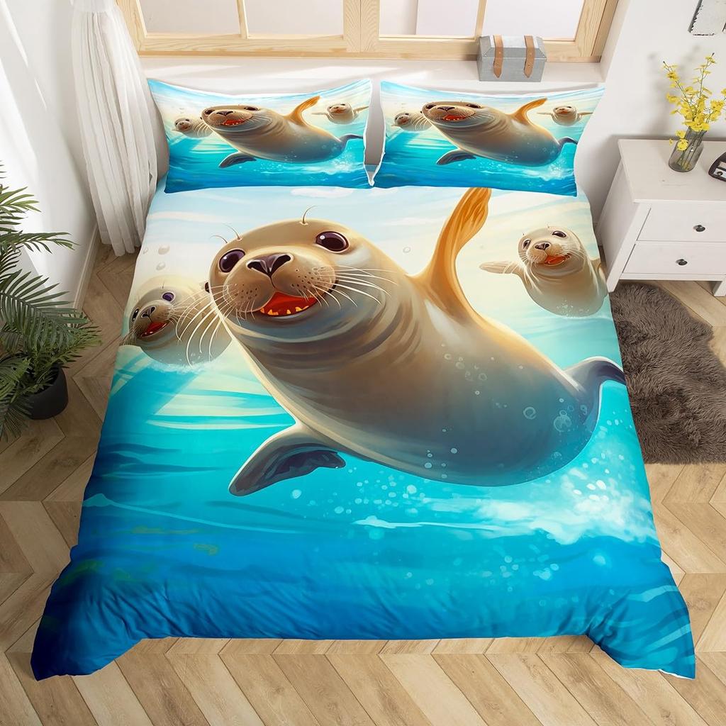 Seal Duvet Cover Set For Kids Boys Girls Queen Quilt Covers Lightweight Down Room Decor 2 Pillowcases 1 Duvet Cover No Comforter
