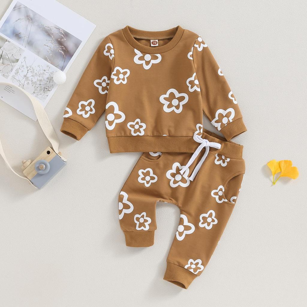 2-teiliges Baby-Mädchen-Outfit, 6 12 18 24, Blumendruck, langärmeliges Sweatshirt mit Rundhalsausschnitt und elastischer Taille, Jogginghose, Herbstkleidung