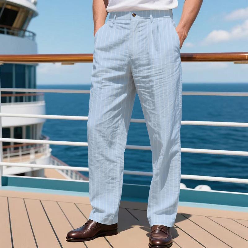 Men's Linen-Blend Relaxed Fit Breathable Casual Trousers with Vertical Stripes and Straight Leg Design