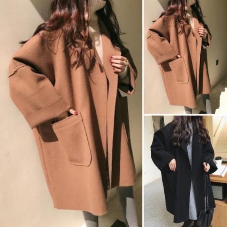 Cappotto Invernale da Donna Taglie Forti Ispessito Ampio Collo a Revers Maniche Lunghe Monocolore Prova Freddo Tasche Collo a Tacca Capospalla