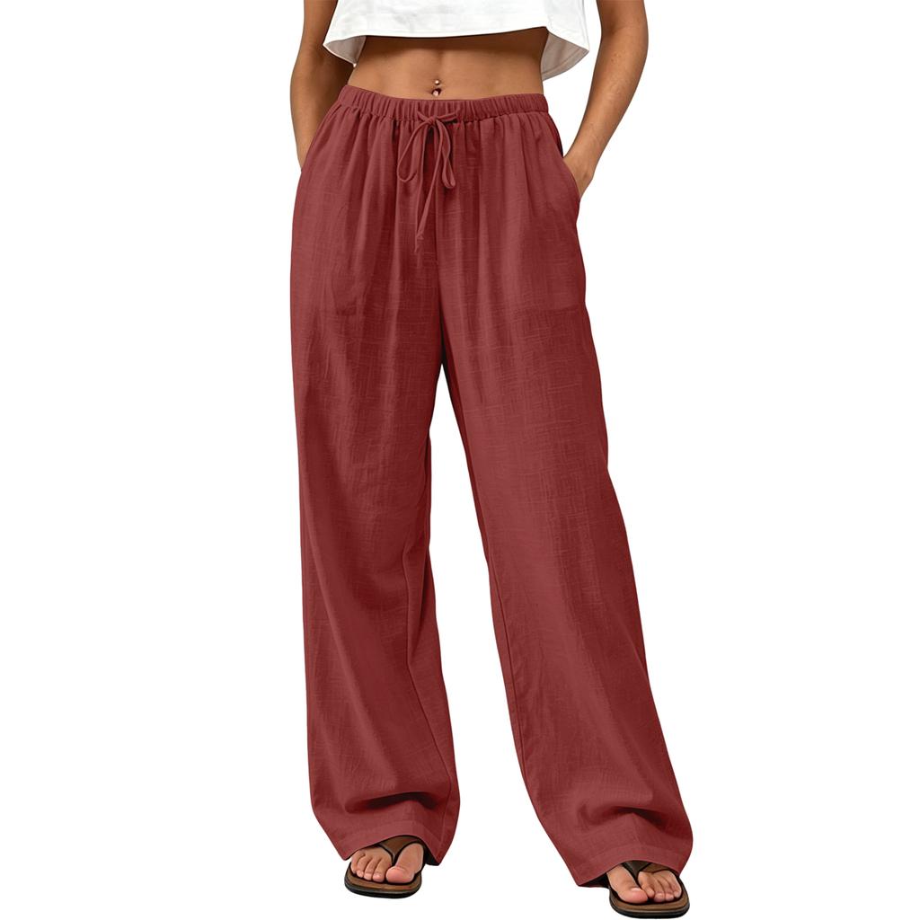 Women’s Summer Loose Fit Straight Leg Long Pants with Elastic Waistband Drawstring and Relaxed Draped Trousers for Casual Wear