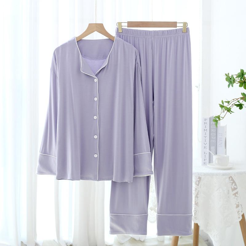 New Spring and Autumn Women's Pajamas Set Modal Pure Color Simple Thin Cardigan Long Sleeve Pants Two Piece Home Suit Sleepwear