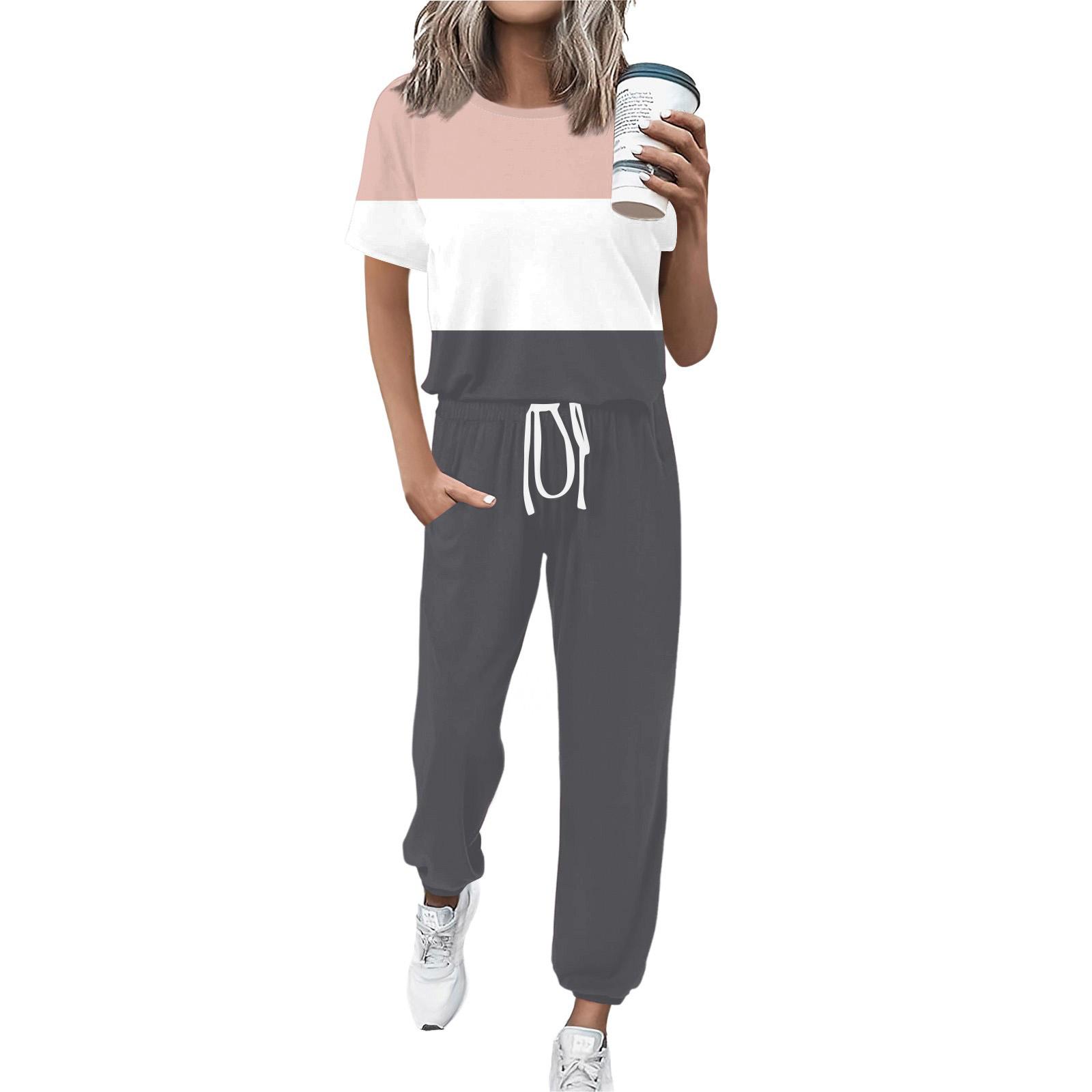 

Женский спортивный костюм с круглым вырезом и коротким рукавом, свободные брюки L