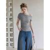 Gray slanted shoulder off-the-shoulder bow short-sleeved T-shirt women's summer pleated slim-fitting short top