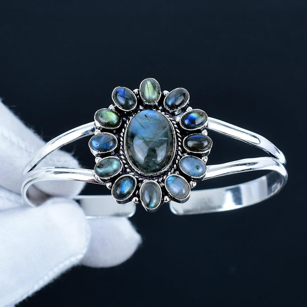 Natural Labradorite Gemstone Handmade Cuff Bangle 925 Sterling Silver Cuff Bangle, Labradorite Flower Shape Bracelet For Wife, Unisex Bangle, Gift