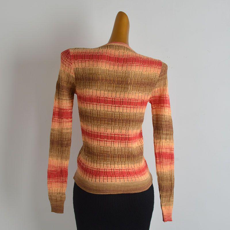 Spring & Fall New Arrival Gradient Stripes round Neck Single Breasted Knitting Cardigan Women's Clothes Thin Loose Slimming Long Sleeve Top