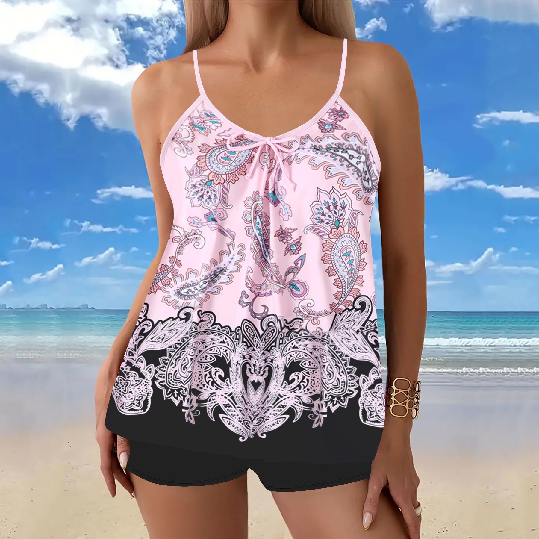 

2025 Новый Европейский и Американский Раздельный Купальник Женский Крупный Размер Печати Многоцветный Печати Подтяжки Боксеры Шорты Купальник 4XL розовый