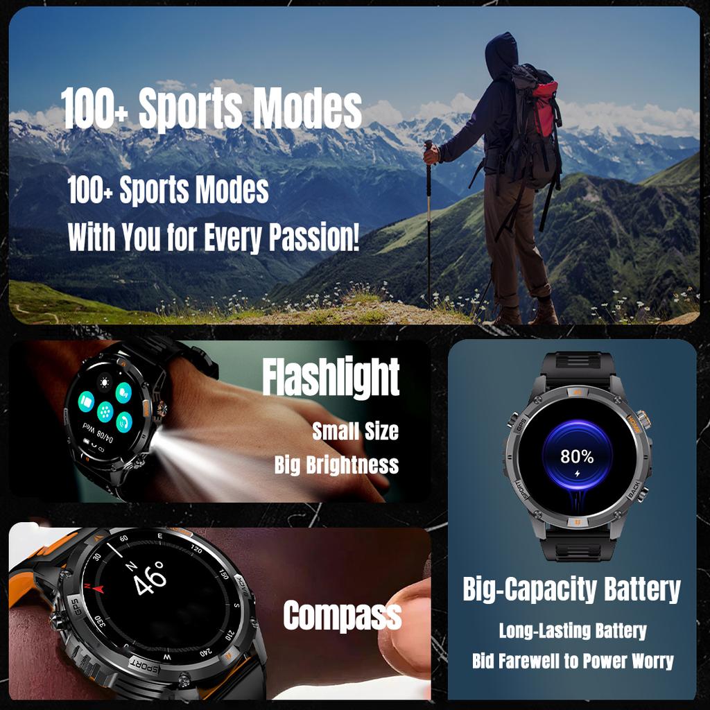 New Military Outdoor Dual-Band GPS Track Smartwatch Men Bluetooth Call Compass Swimming Grade 5ATM Waterproof Smart Watches