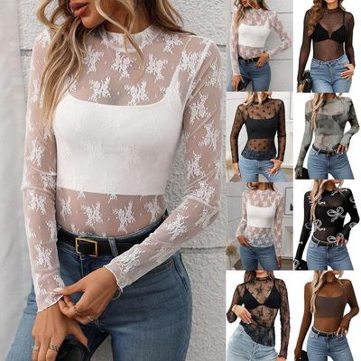 2026 European American Women's High Neck See-through Long Sleeve Sexy Y2K Mesh Top