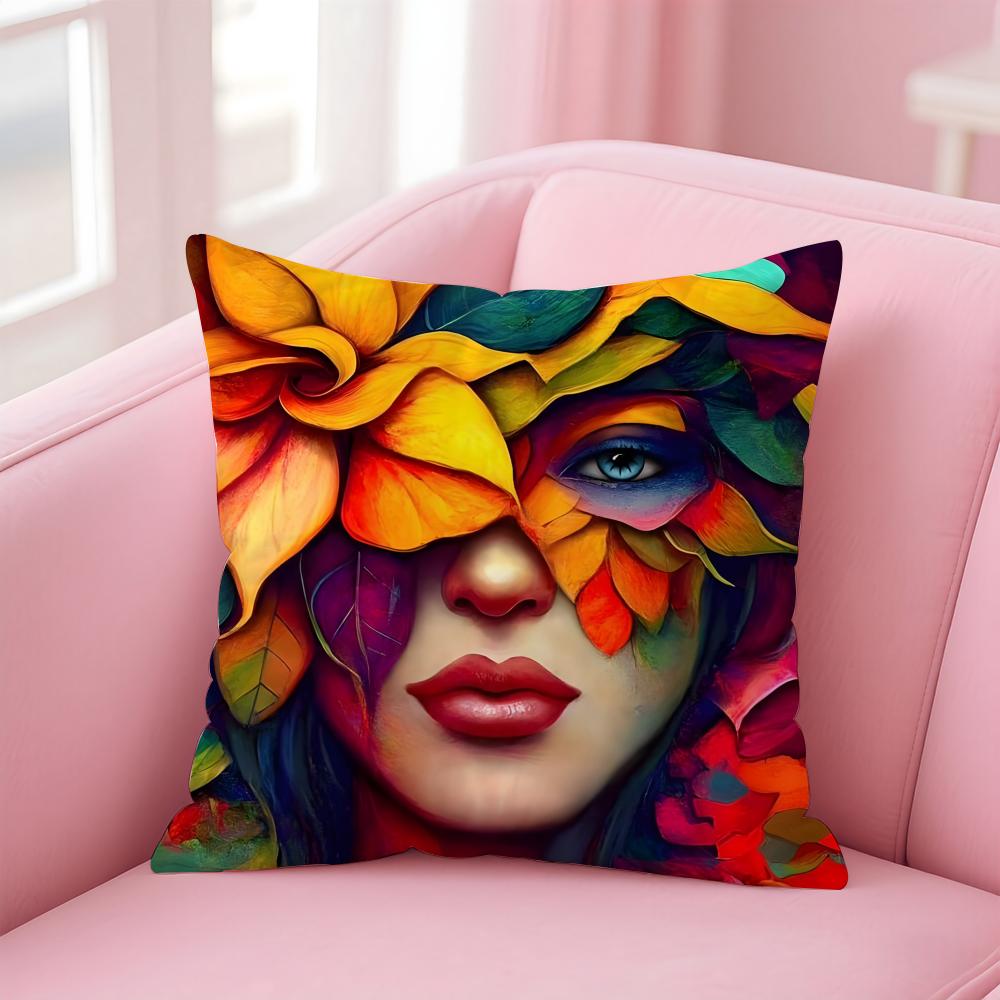 Square Bright Color Flower Girl Cushion Cover Pillow Case Soft Skin Friendly Fabric  Concealed Zipper