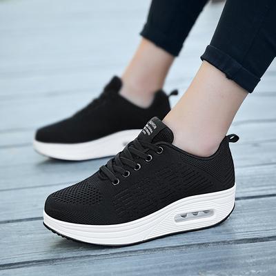 Spring and Autumn Fly-woven Mesh Breathable Sports and Leisure Thick-soled Heightening Rocking Shoes Air Cushion Women's Single Shoes
