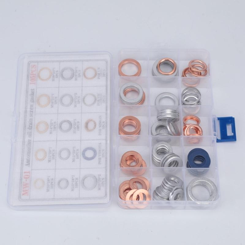 105-Piece Oil Drain Plug Sealing Washer Set with Assorted Sizes and Clear Divided Storage Case for Organized Access During Bolt Maintenance