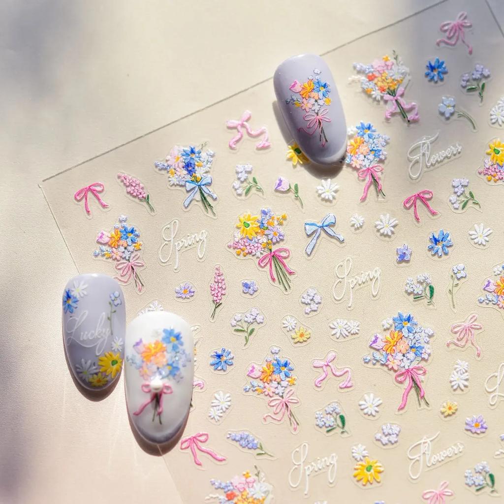 Charming Petal Flower Colorful Wildflowers Daisy Leaves 5D Relief Self Adhesive Nail Art Sticker Decoration Manicure Decal DIY