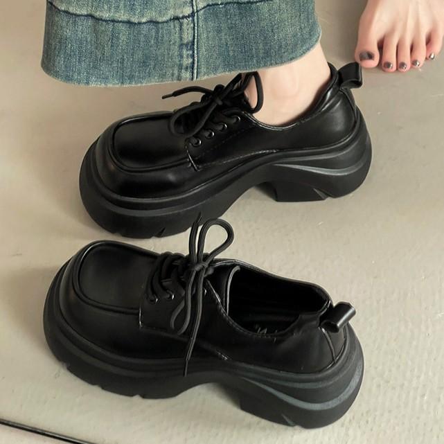 British Casual Small Leather Shoes 2025 Autumn New Heightened Platform Wedge Heel Small Lace-up Loafers Single Shoes