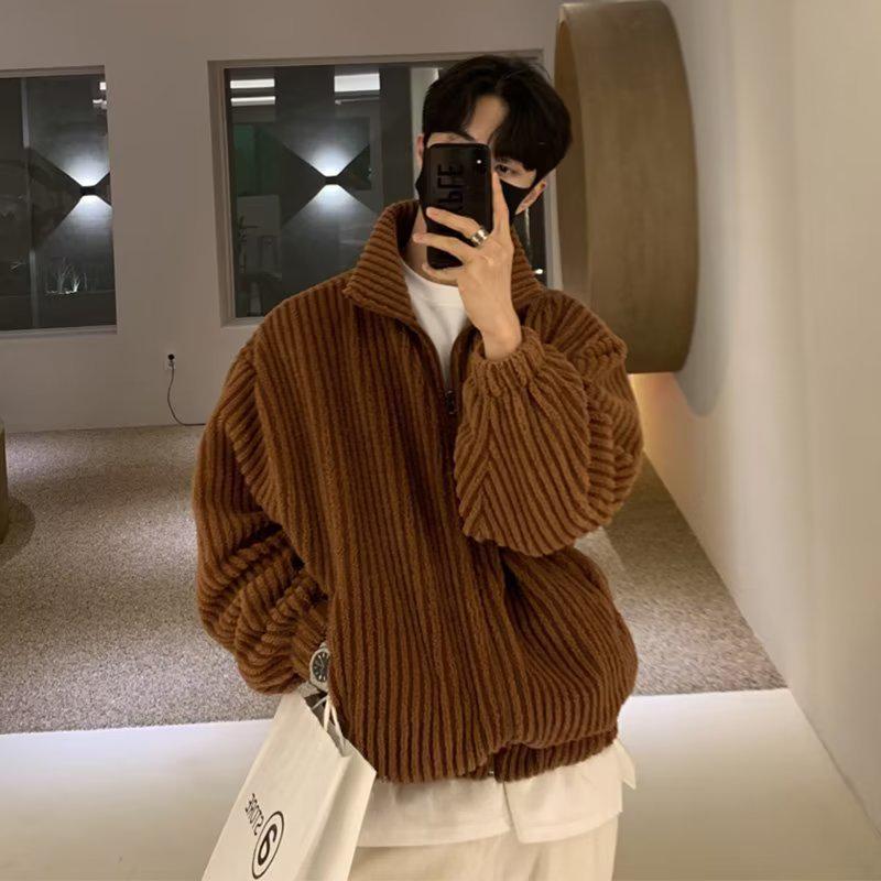 Men's Trendy Korean Style Brown Corduroy Jacket - Warm Casual Stand Collar for Autumn and Winter