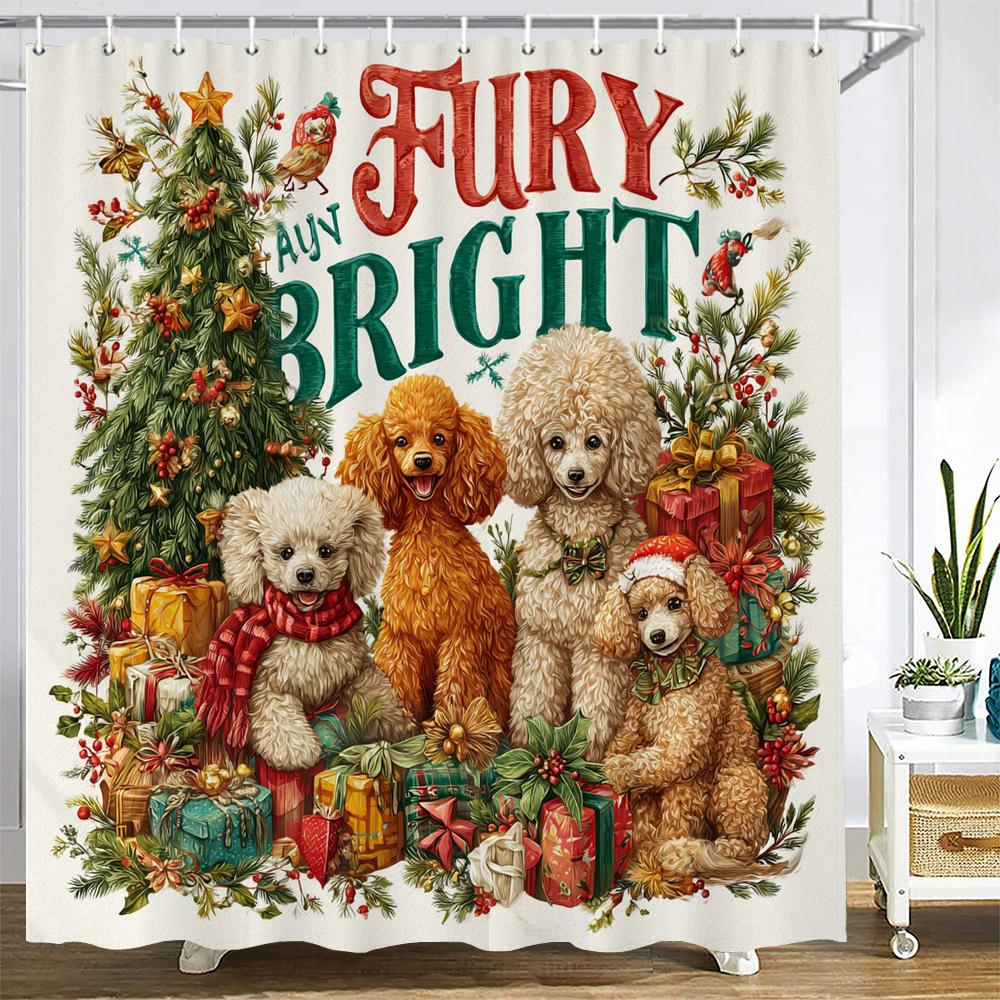 Merry Christmas Shower Curtain Christmas cat and dog Santa Claus Shower Curtains Xmas Printed fabric Decor Bathroom Curtain