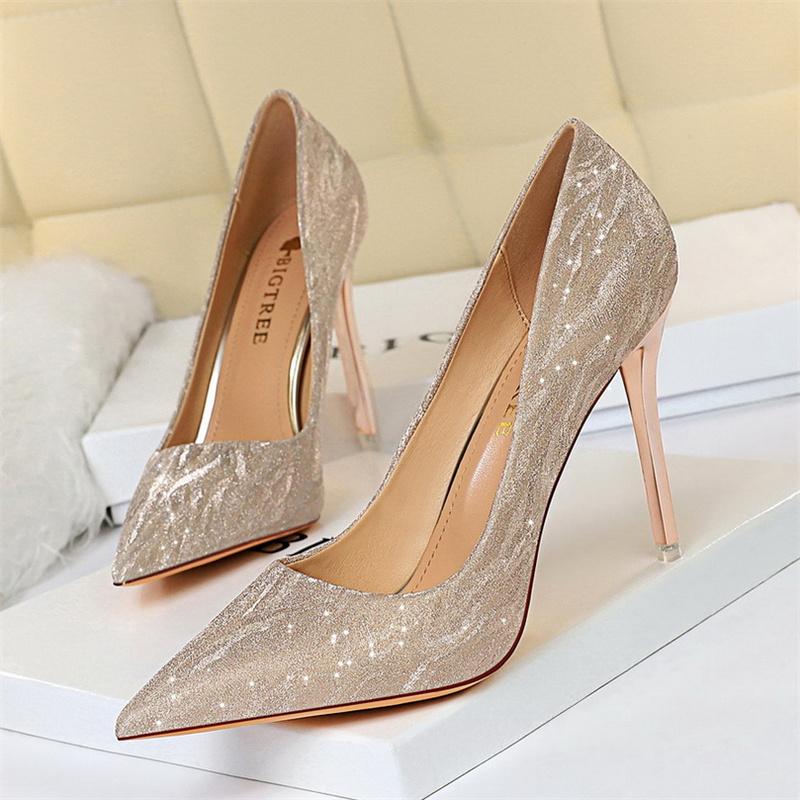 2024 Fashion Comfort Wedding Single Shoes Shallow Mouth Thin High Heel Woman Pumps Pointed Toe Elegant Sequins Sandals